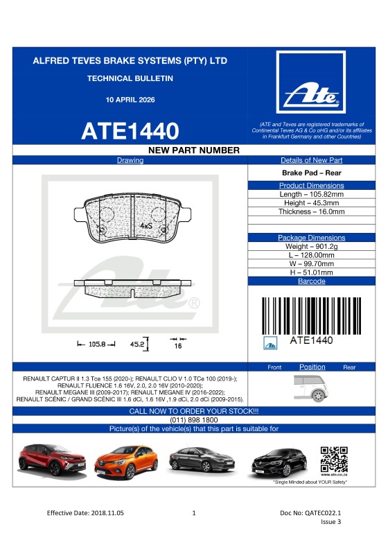 ATE1440 NEW! Brake Pad for Renault featured image
